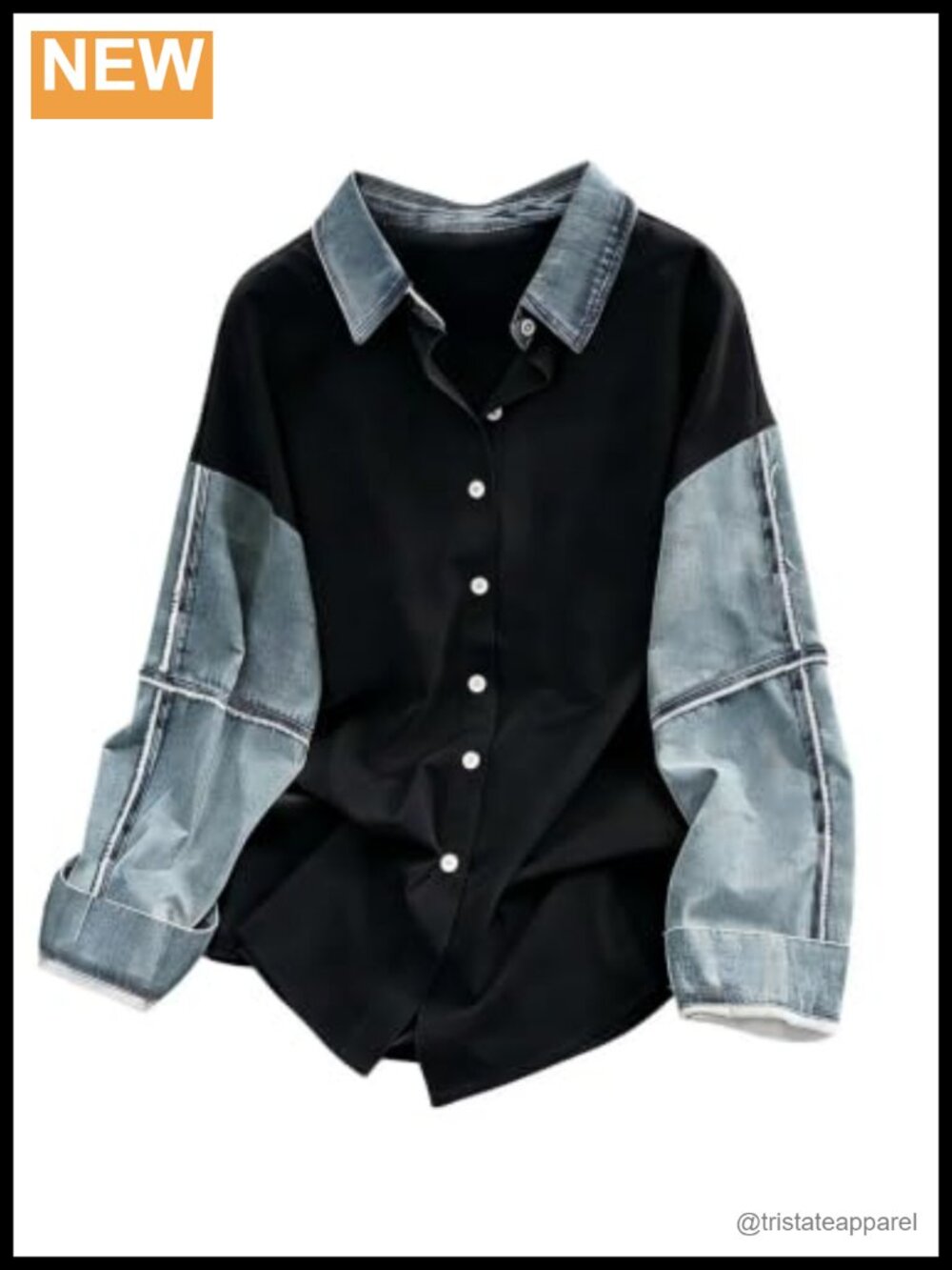 Women's Button Down Color Block Blouse Long Sleeve Loose Collared Top Streetwear